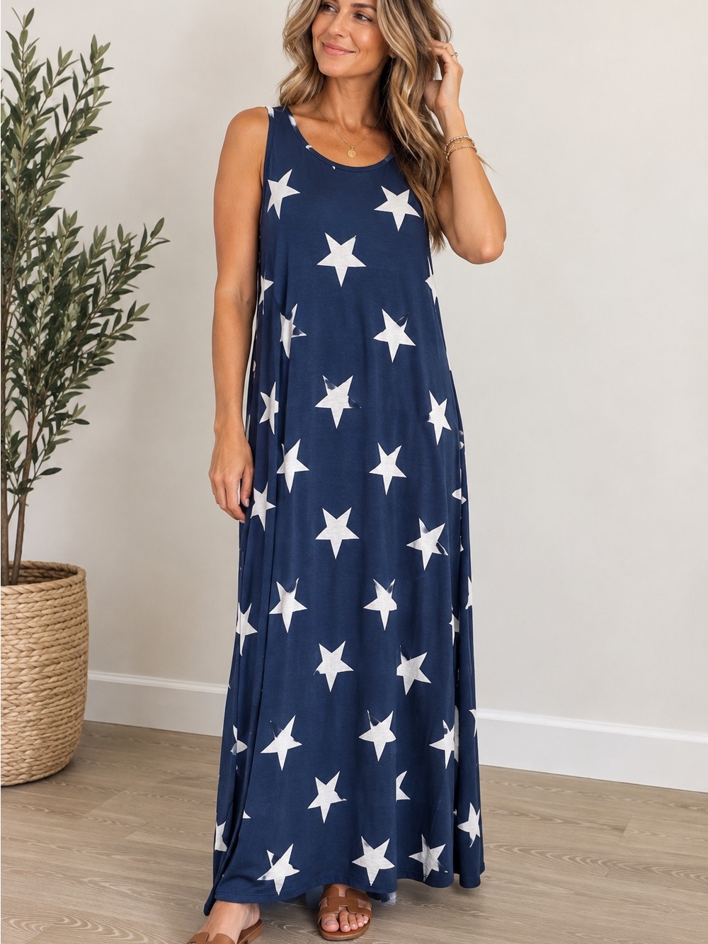 Heimish USA Navy White Star Print Sleeveless Maxi Dress Large